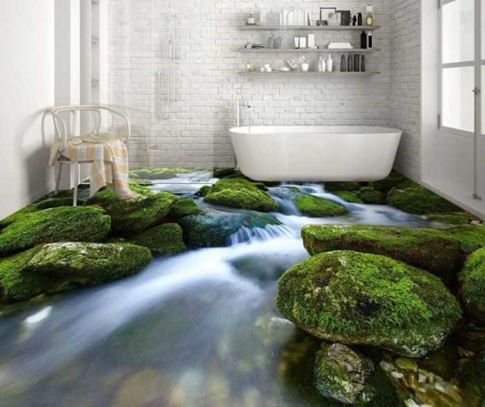  Mẫu gạch lát nền nhà tắm 3D chủ đề hình suối, biến không gian nhà tắm thành nơi thư giãn thú vị