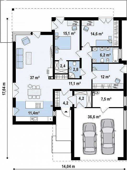 Bản vẽ mẫu biệt thự 1 tầng 3 phòng ngủ