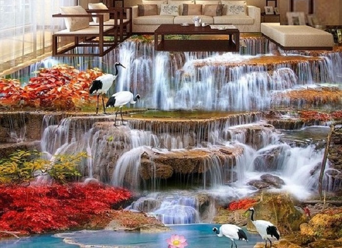 Mẫu gạch 3D lát nền phòng khách với chủ đề sông suối