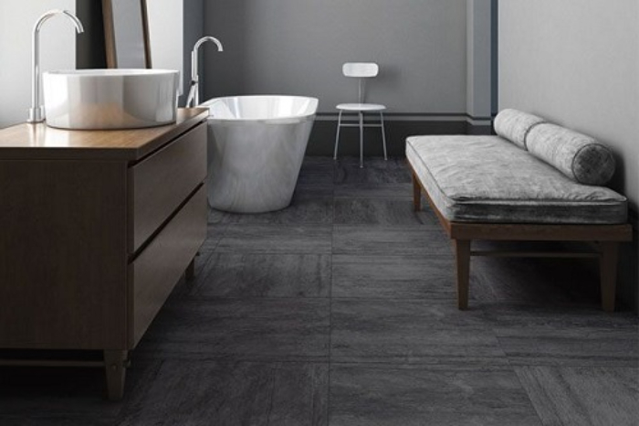 Mẫu gạch giả gỗ xám đậm được sử dụng cho không gian phòng tắm