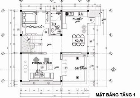 Bản vẽ mặt bằng tầng 1 căn nhà 3 tầng diện tích 9x10m2
