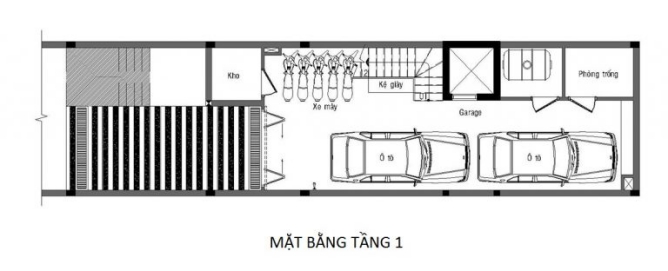 Bản vẽ mặt bằng tầng 1 nhà phố 4 tầng 4x15m