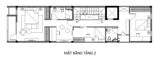 Bản vẽ mặt bằng tầng 2 nhà phố 4 tầng 4x15m.
