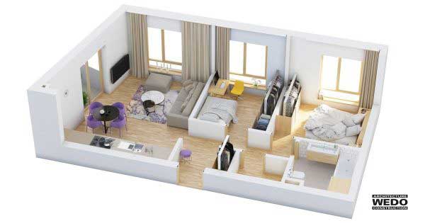 Phối cảnh 3d nhà cấp 4 đẹp 2 phòng ngủ