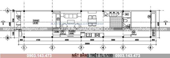 Bản vẽ thiết kế nhà ống 1 trệt 1 lầu diện tích 4x20m - Hình 1
