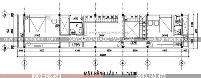 Bản vẽ thiết kế nhà ống 1 trệt 1 lầu diện tích 4x20m - Hình 2