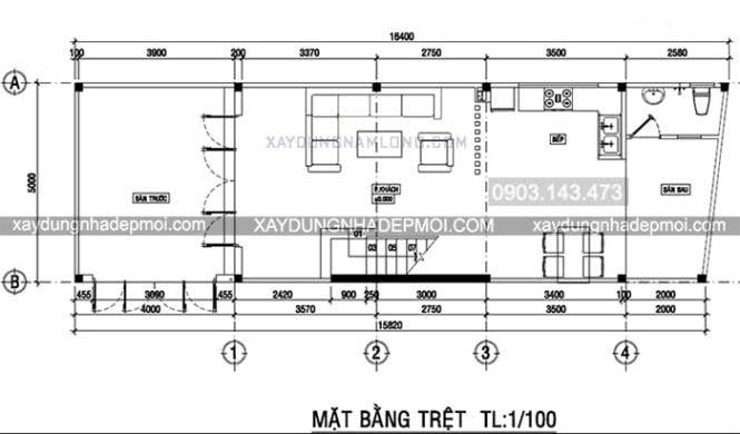 Mặt bằng tầng trệt nhà phố 1 lửng 3 lầu