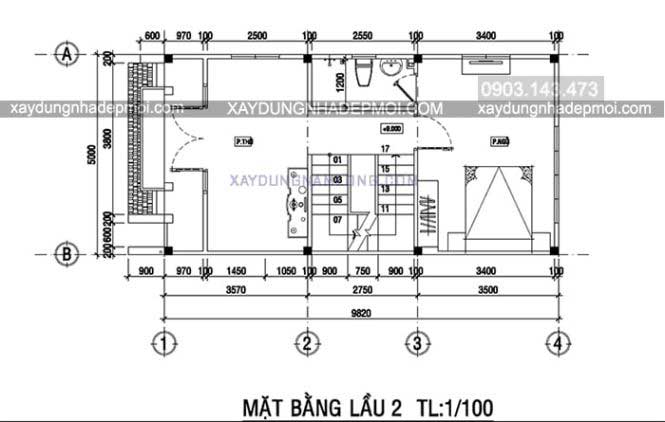 Mặt bằng bản vẽ lầu 2 nhà phố diện tích 5x16m2