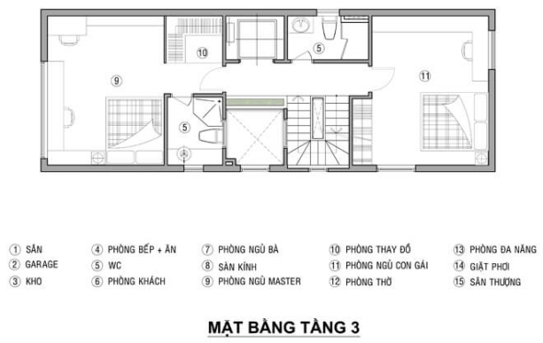 Mặt bằng tầng 3 nhà 4 tầng