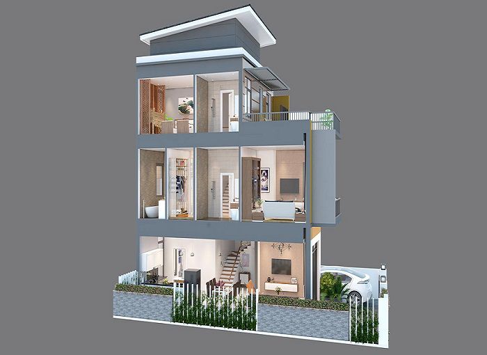 Phối cảnh bản vẽ nhà 3 tầng 4 phòng ngủ - Hình 6