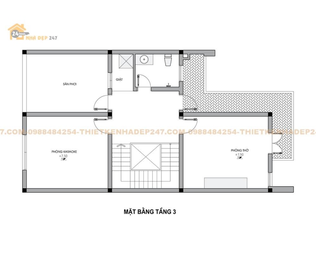 Bản vẽ mặt bằng tầng 3 căn nhà 3 tầng 8x13m