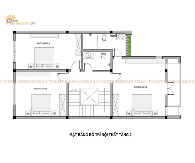 Bản vẽ mặt bằng tầng 2 căn nhà 3 tầng 8x13m