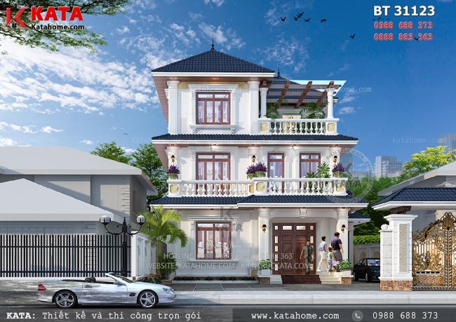 Mẫu thiết kế nhà 3 tầng mái thái 120m2 - Hình 2