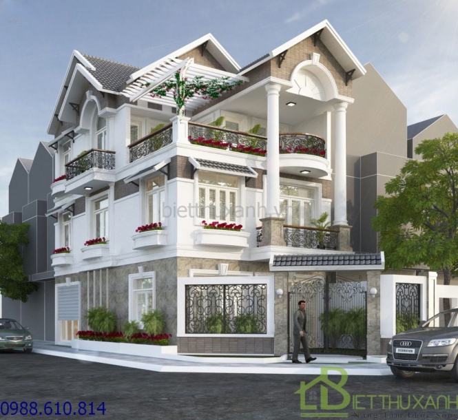 Mẫu thiết kế nhà 3 tầng mái thái 2 mặt tiền - Hình 1