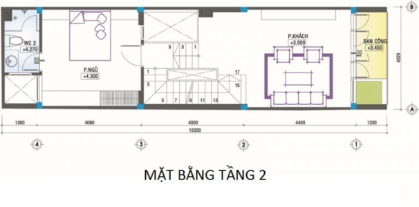 Mặt bằng tầng 2 nhà 4 tầng 4x16m