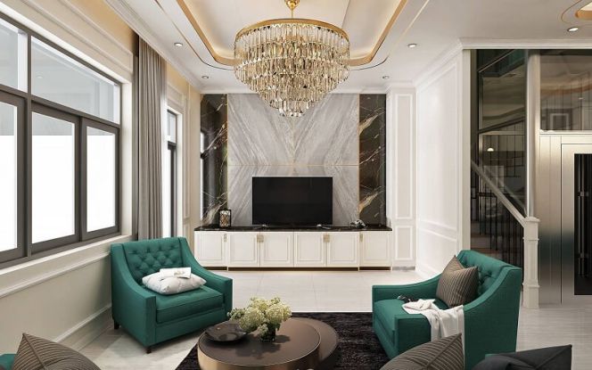 Phòng khách nhà 4 tầng bán cổ điển