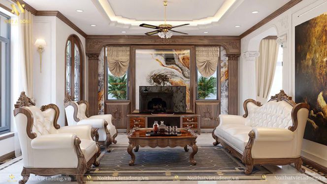 Thiết kế nội thất phòng khách nhà 4 tầng bán cổ điển