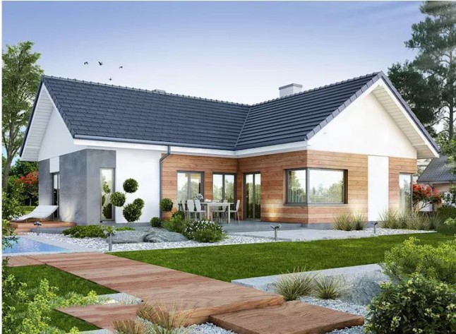 Mẫu nhà cấp 4 có 3 phòng ngủ hình chữ L