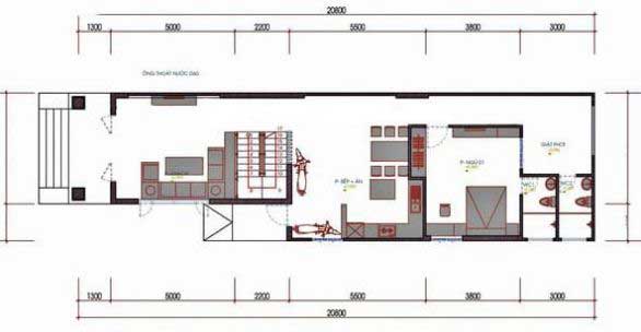 Mặt bằng tầng trệt mẫu nhà cấp 4 đẹp 5×20 có gác lửng