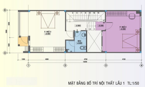 Bản vẽ mặt bằng tầng 2 nhà phố 5x20m.