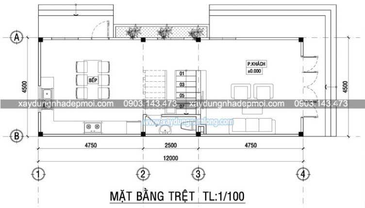 Bản vẽ mặt bằng căn nhà phố 3 tầng mái thái - Hình 1