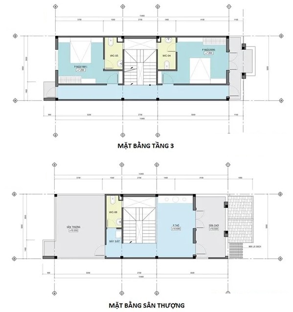 Bản vẽ mặt bằng tầng 3 và sân thượng nhà 3 tầng mái thái 80m2